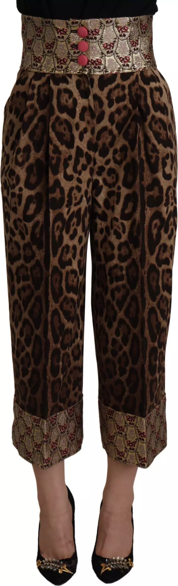 Brown Leopard Gold Jacquard High Waist Pants
