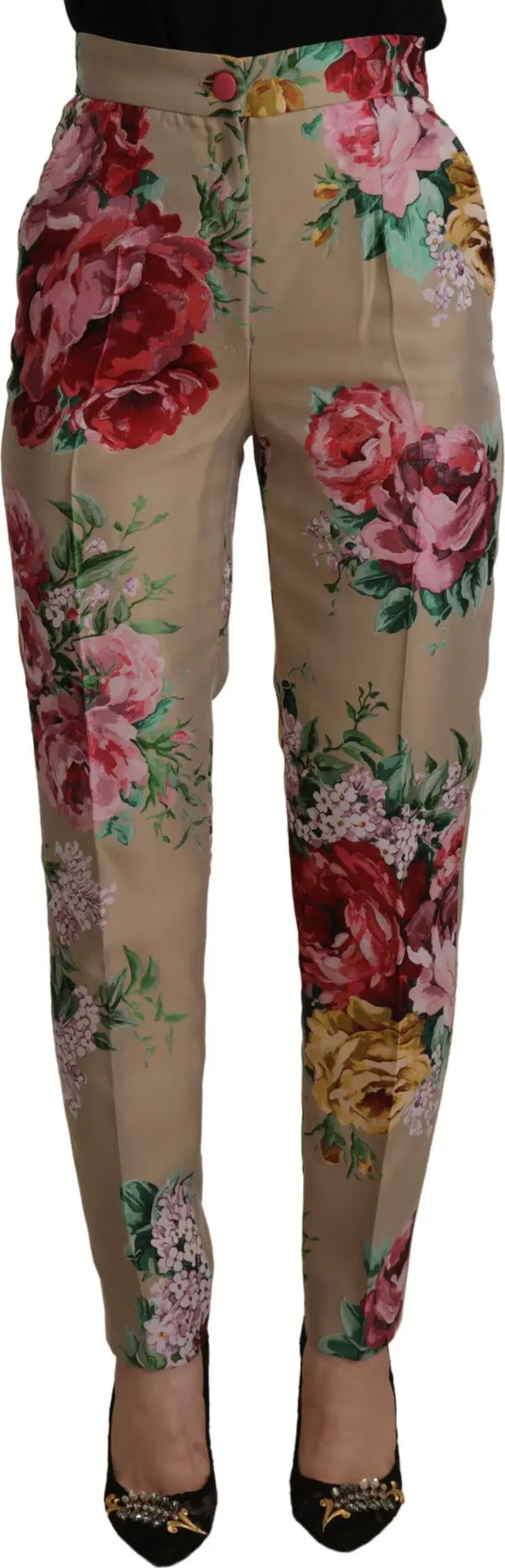 Beige Floral Dress Formal High Waist Pants