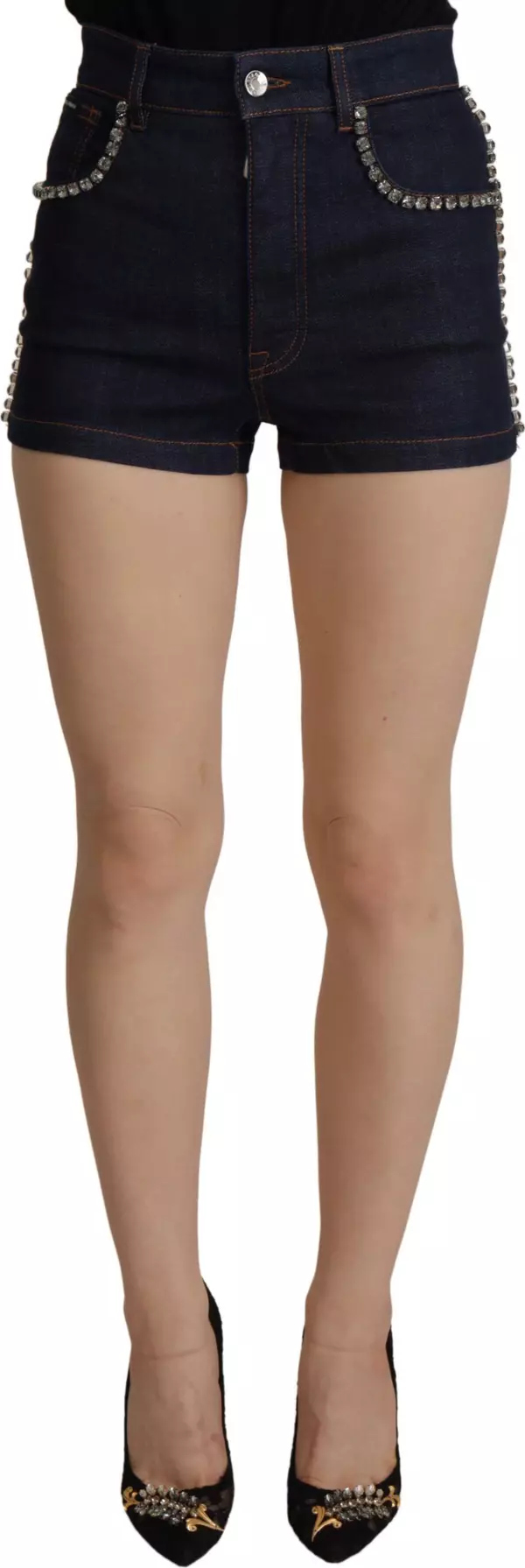 Blue Denim Stretch Crystal Hot Pants Shorts