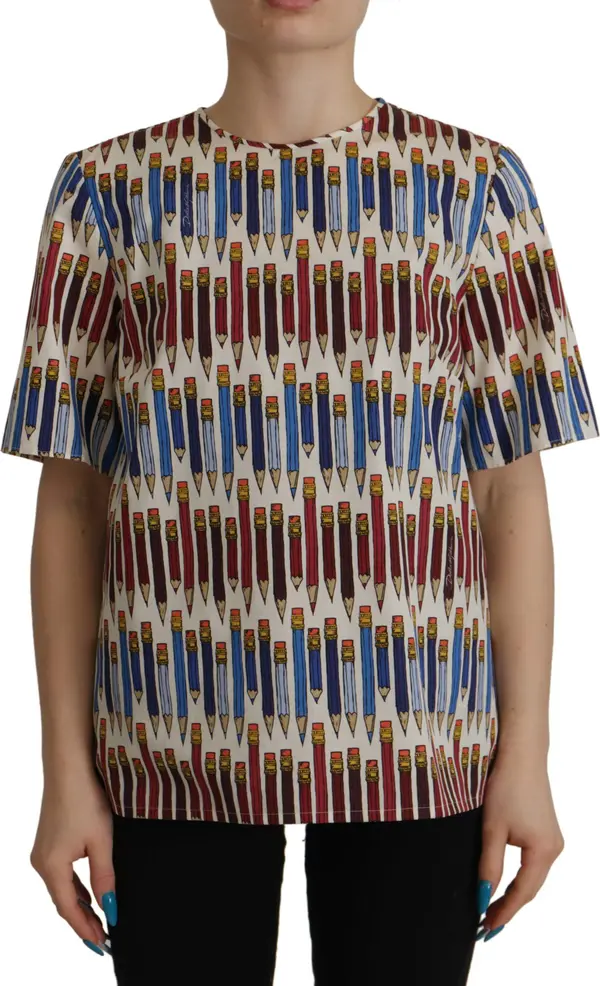 White Pencil Print Cotton T-shirt Blouse