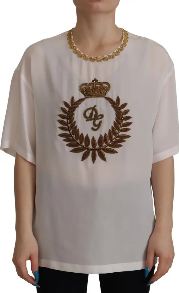 White Silk Gold DG Crown Crystal Blouse Top