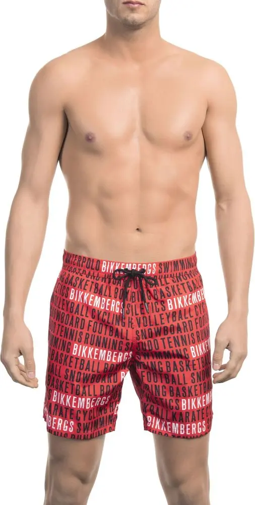 Red Polyester Men Swim Short