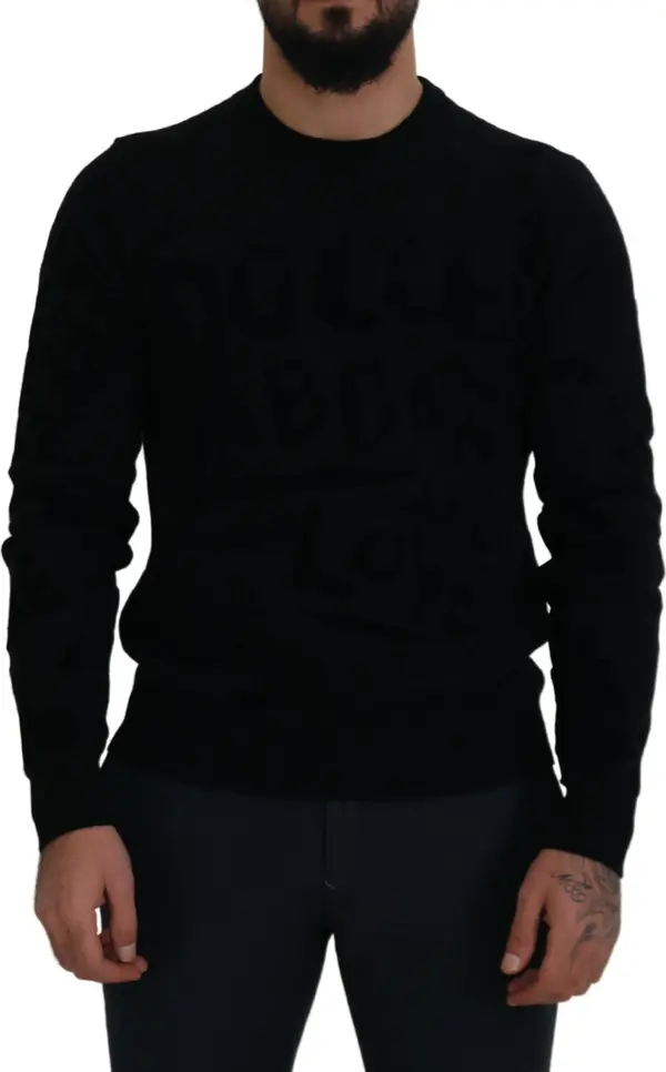 Black Wool Logo Pattern Crewneck Pullover Sweater