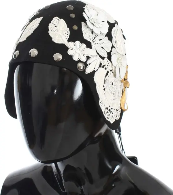 Black Wool White Floral Gold Leaf Hat