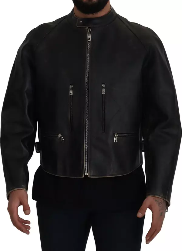 Black Leather Zipper Biker Coat Jacket