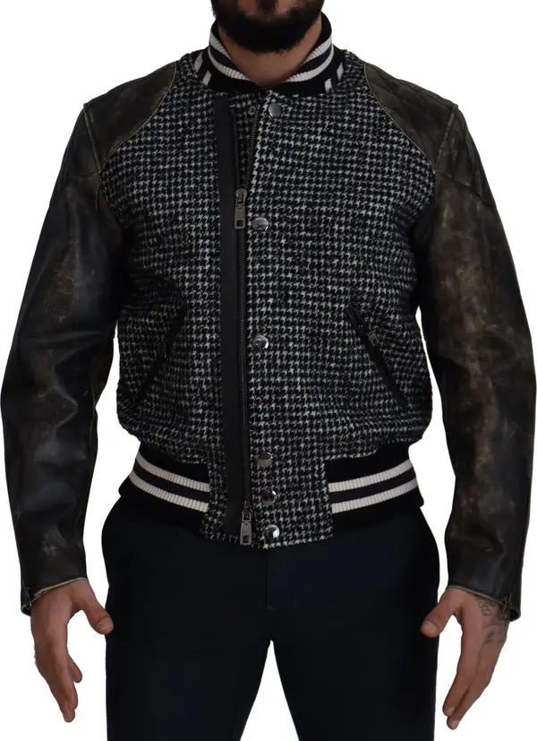 Black Houndstooth Polyester Bomber Jacket