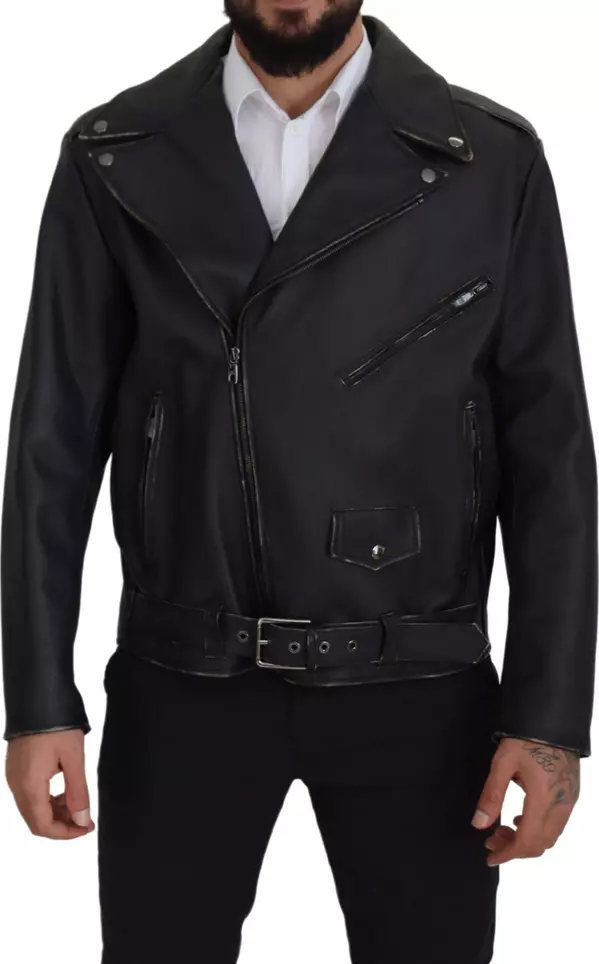 Black Leather Biker Coat Zipper Jacket