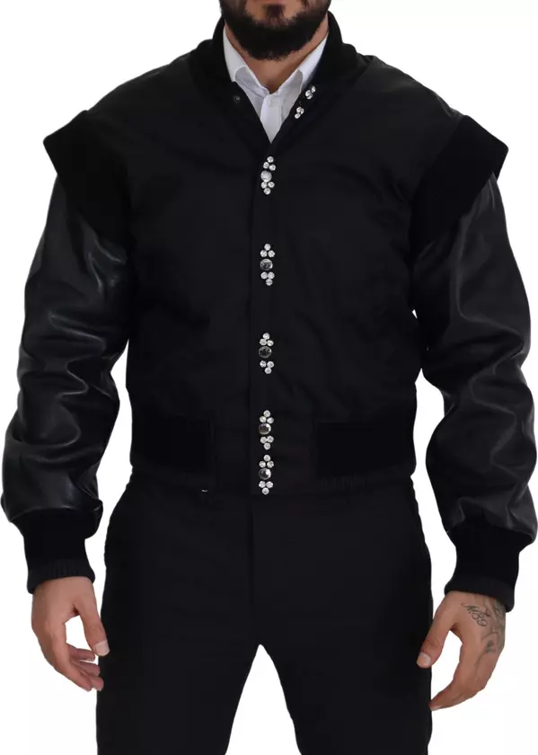 Black Nylon Crystals Coat Buttons Jacket