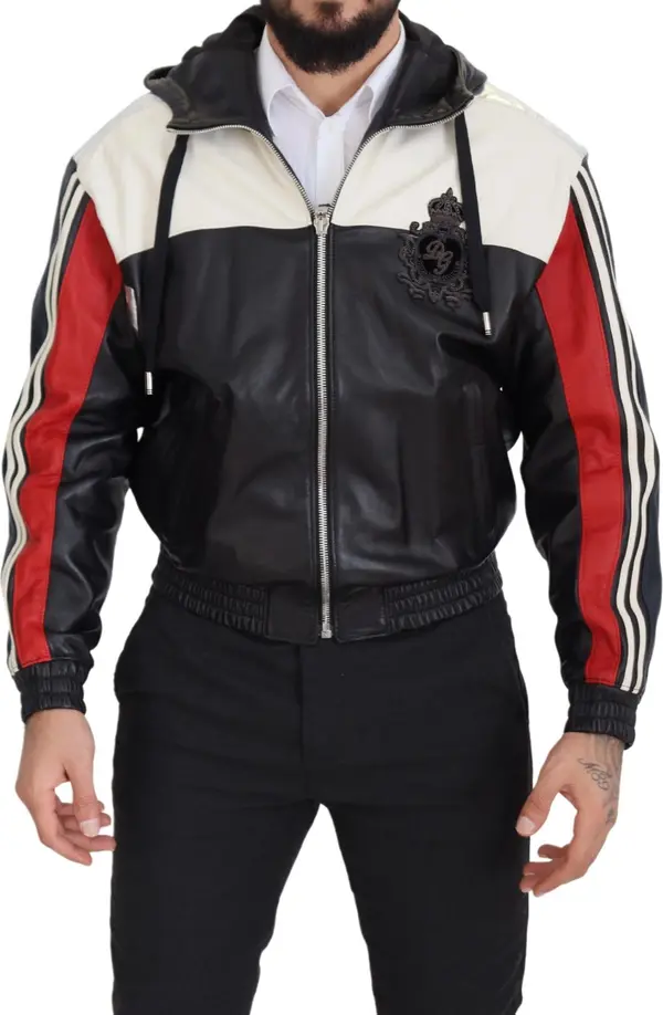 Black Leather Hooded Blouson Coat Jacket