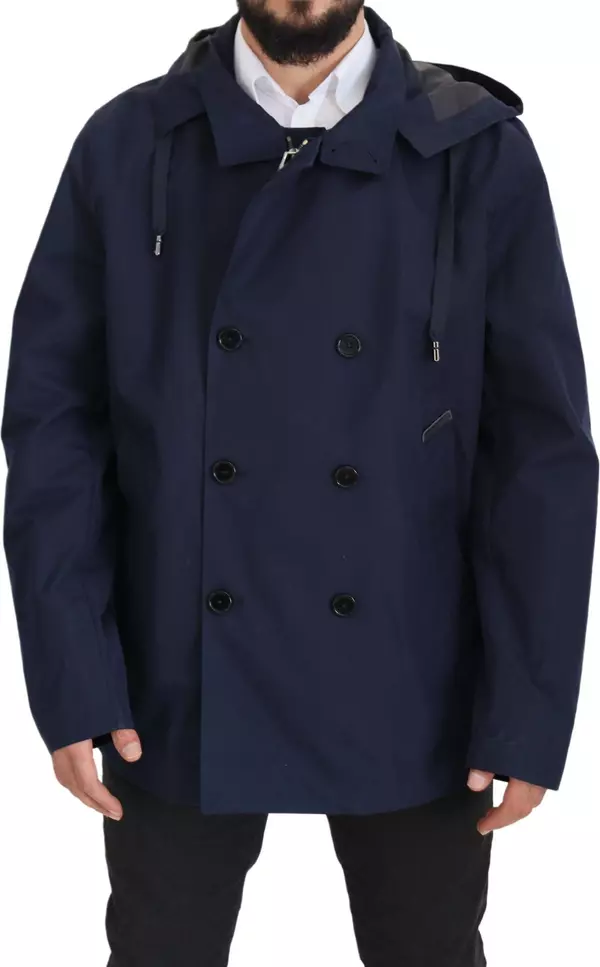 Blue Hooded Double Breasted Coat Jacket