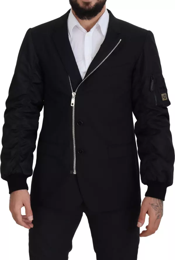Black Wool Full Zip Long Sleeves Jacket