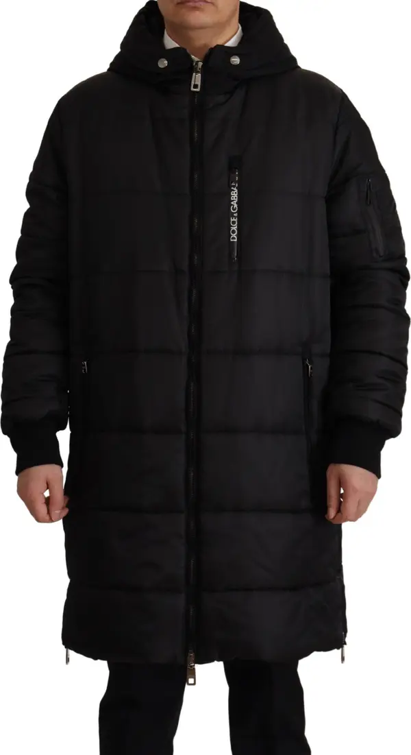 Black Nylon Hooded Parka Coat Winter Jacket