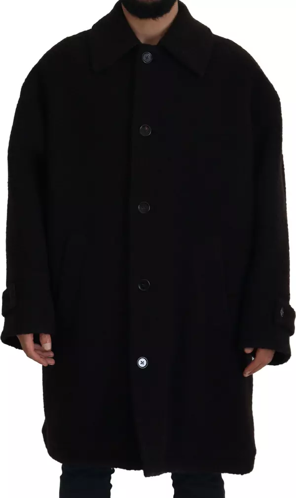Black Alpaca Button Down Trench Coat Jacket