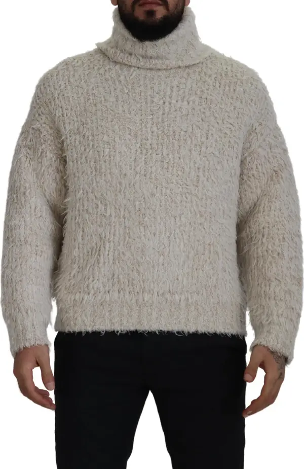 Cream Wool Knit Turtleneck Pullover Sweater