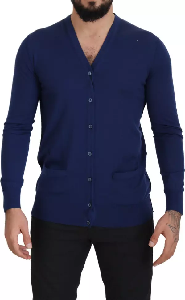 Blue Wool V-neck Button Down Cardigan Sweater