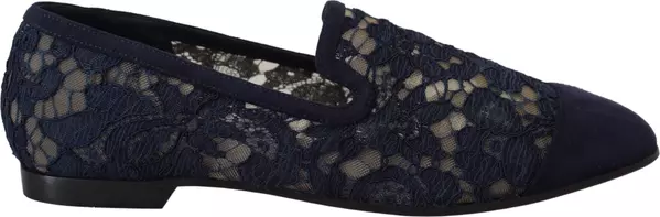 Blue Floral Lace Slip Ons Loafers Flats Shoes