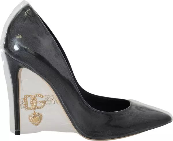 Black Leather Heels Pumps Plastic Wrapped Shoes