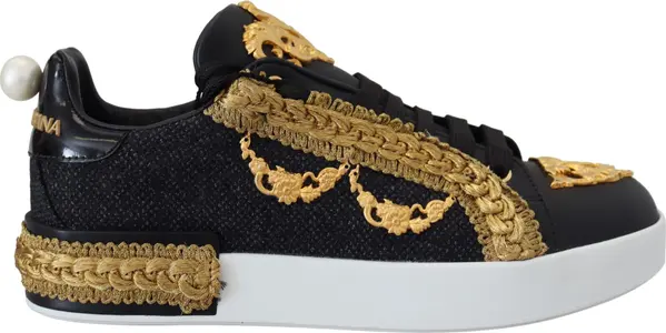 Black Gold Baroque Portofino Leather Sneakers Shoes