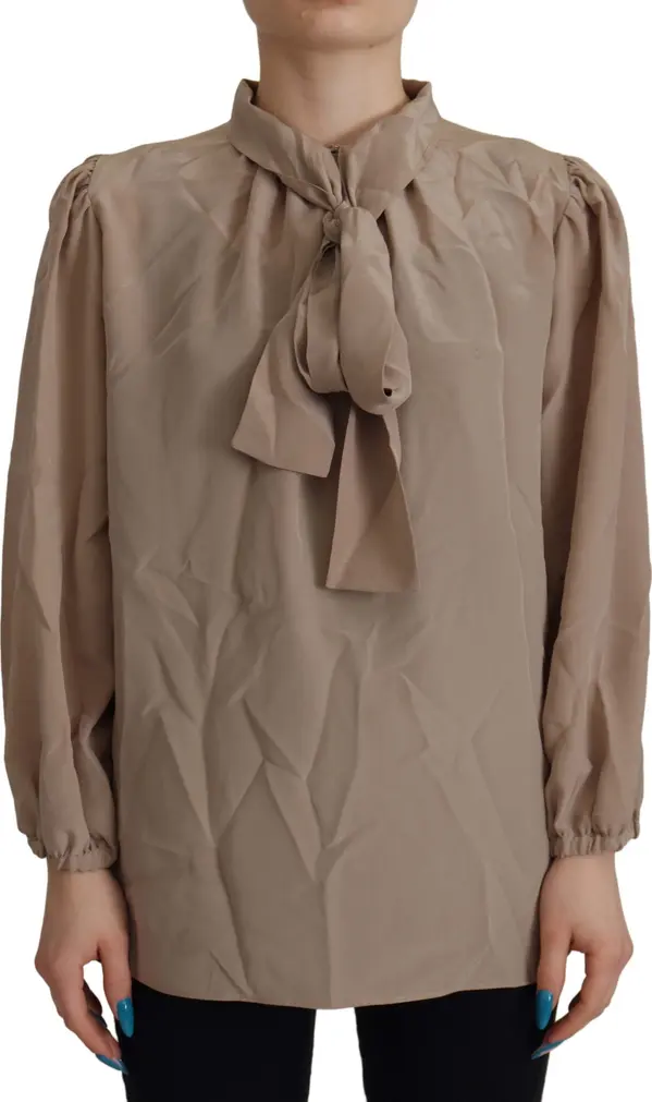Brown Waistband Sleeves Ascot Collar Top Blouse