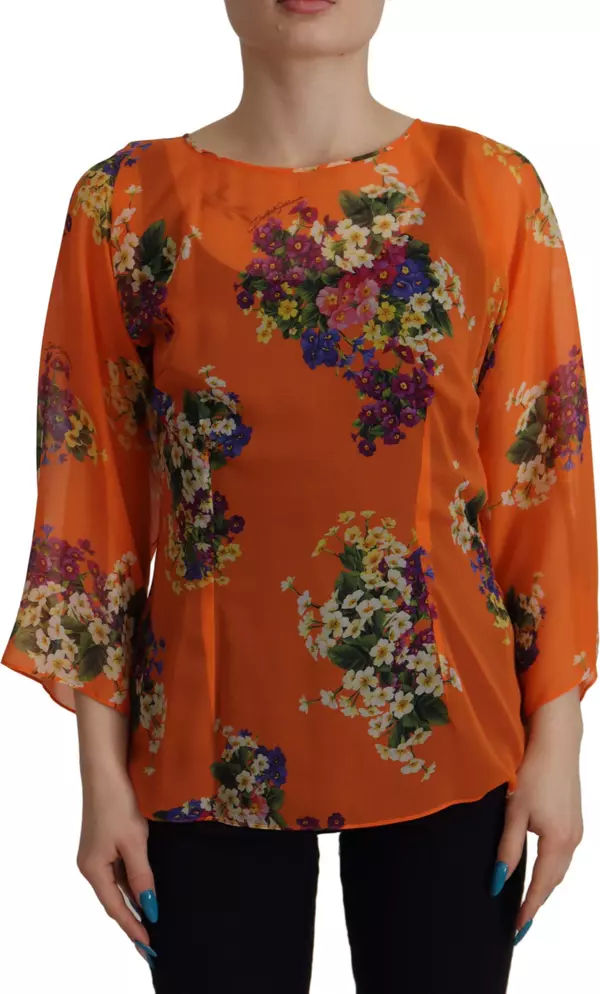 Orange Floral Print Long Sleeve Blouse