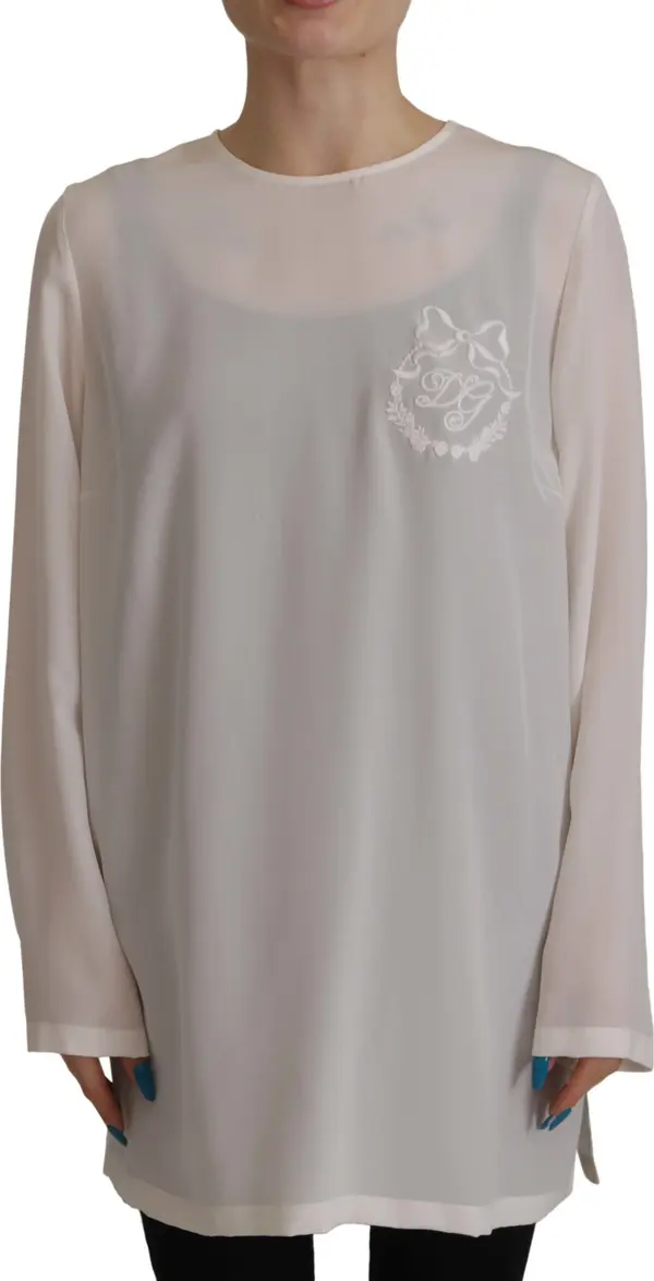 White Silk DG Logo Embroidered Long Sleeves Blouse