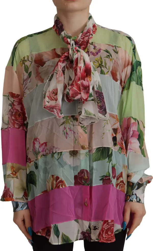 Multicolor Floral Patchwork Design Ascot Collar Top Blouse