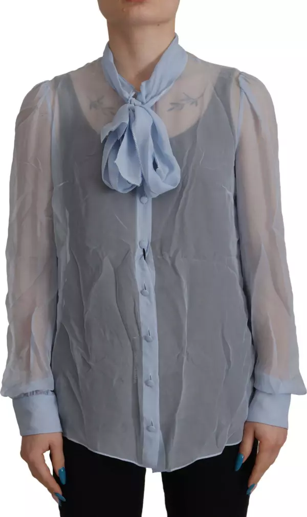 Light Blue Silk Ascot Collar Long Sleeves Top