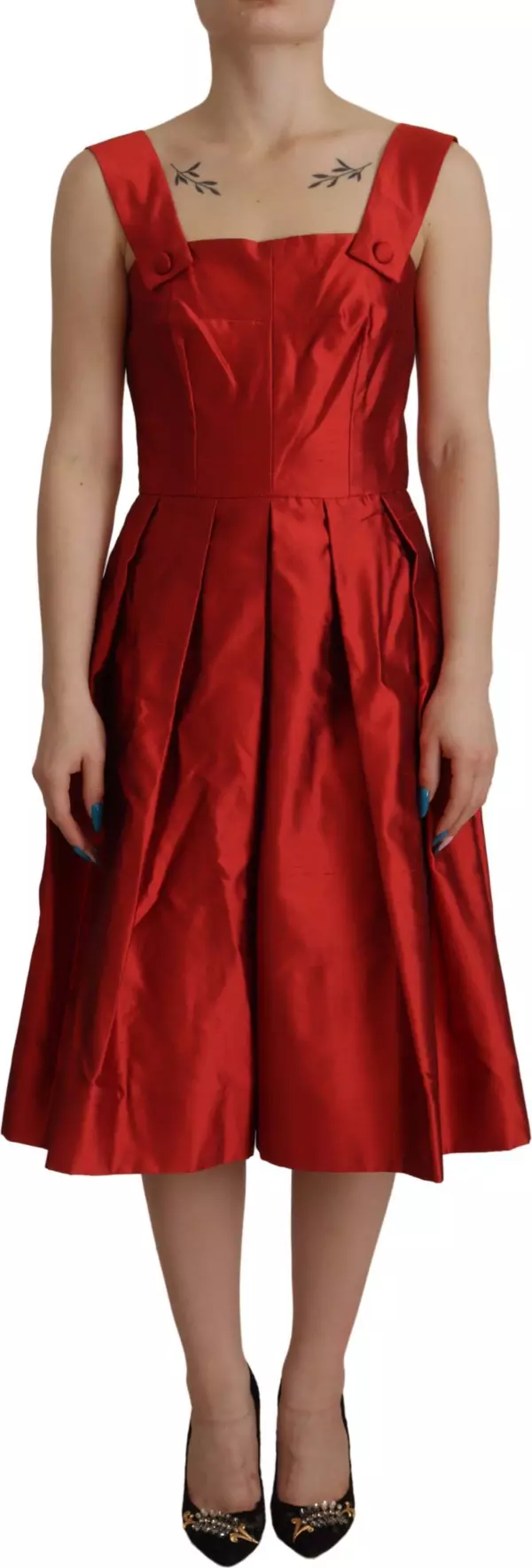 Red A-line Pleated Satin Silk Dress