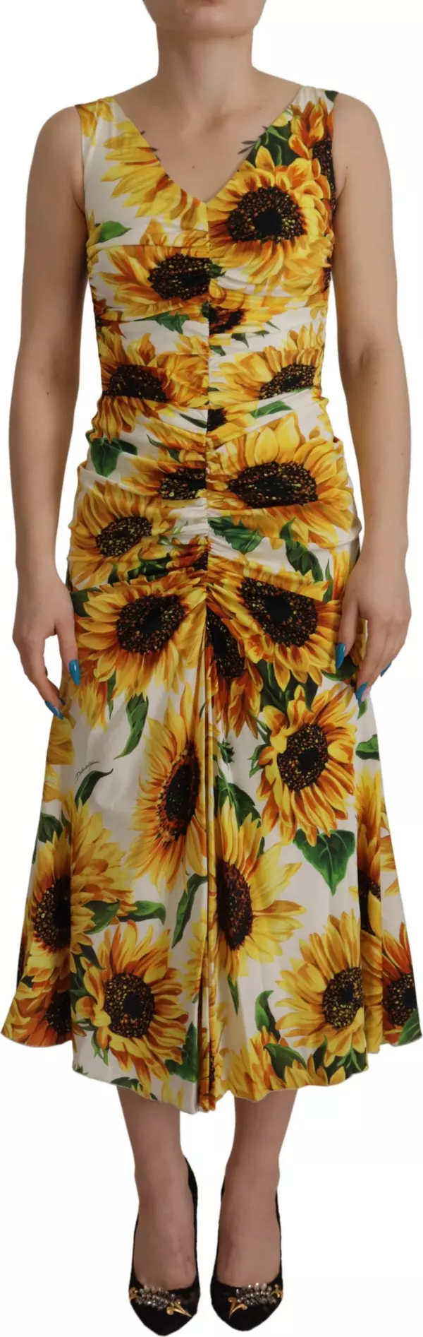 White Sunflower Print Sheath Midi Silk