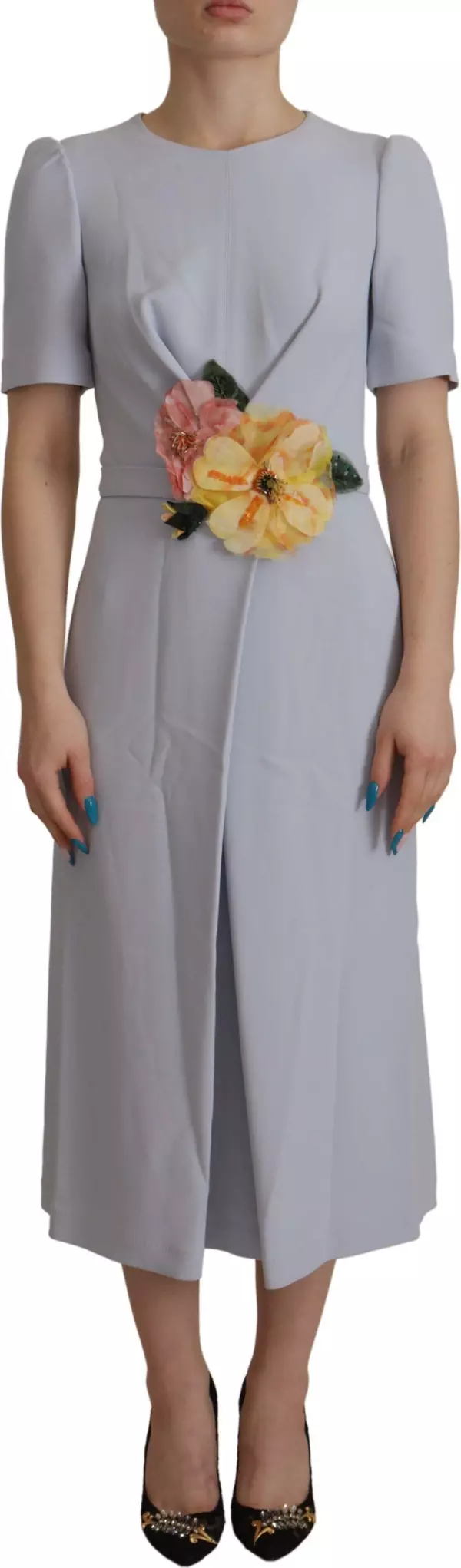 Blue Floral Applique Midi Viscose Dress