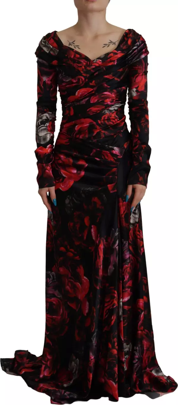 Black Floral Roses A-Line Sheath Gown Dress