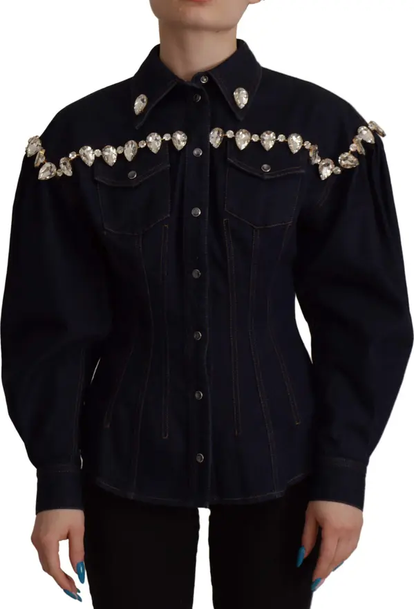 Blue Denim Crystal Embellish Cotton Jacket