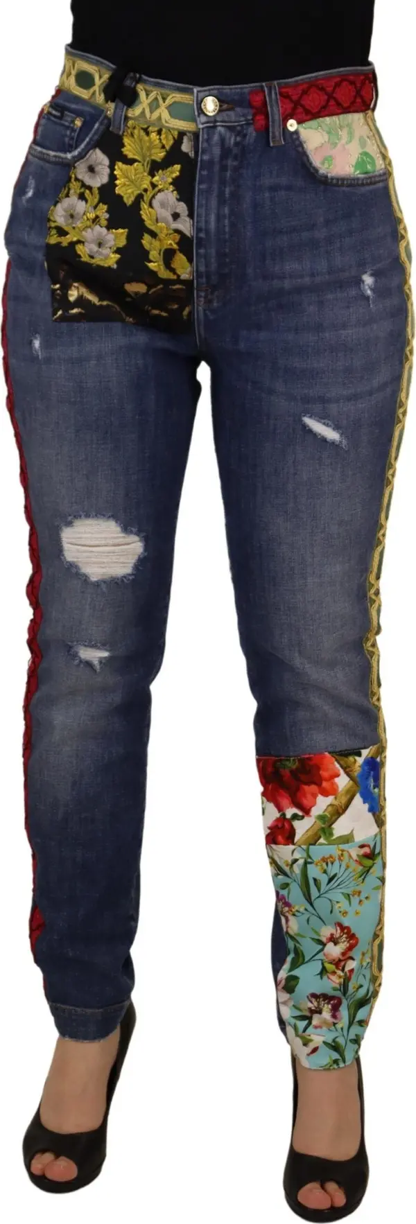 Blue Patchwork High Waist Denim Jeans