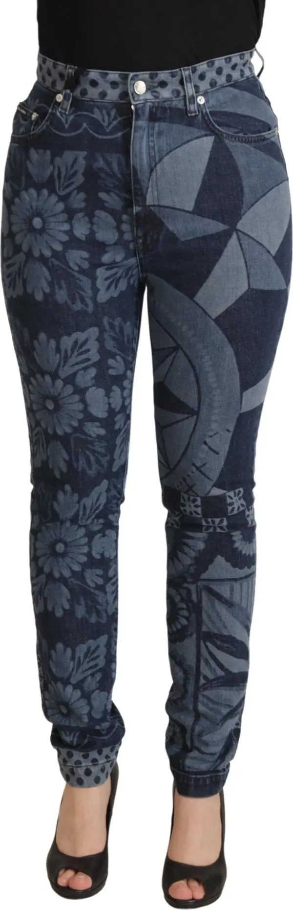 Blue Floral High Waist Skinny Denim Jeans