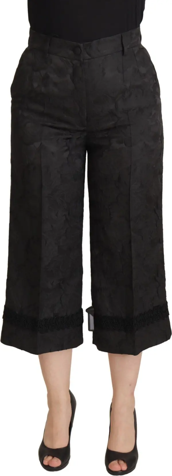 Black Brocade Cropped High Waist Pants