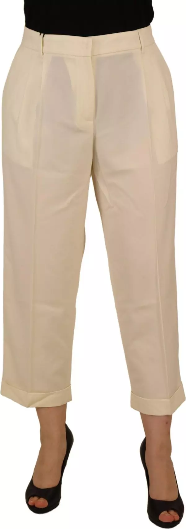 Ivory High Waist Cropped Folded Hem Trousers Pants