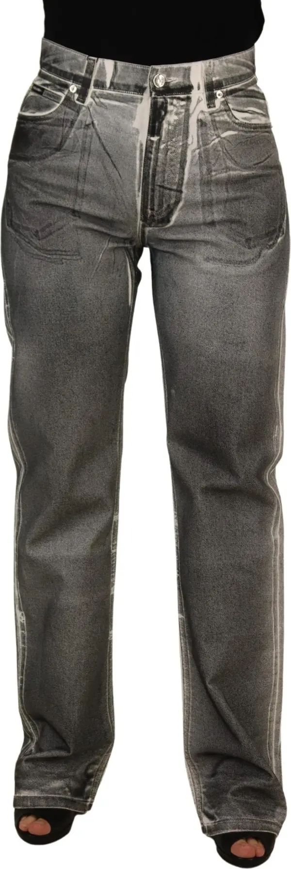 Grey Washed High Waist Denim Pants Cotton Jeans