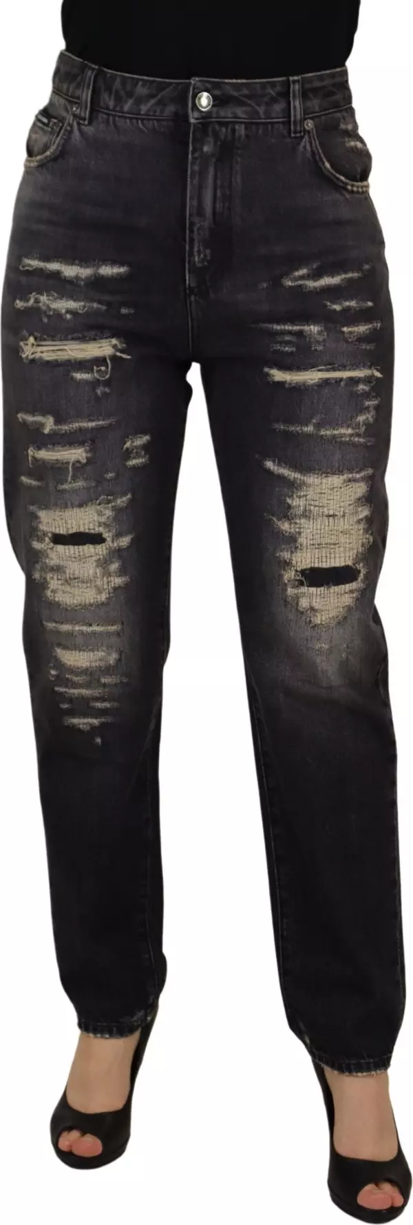 Black Washed Tattered High Waist Denim Jeans