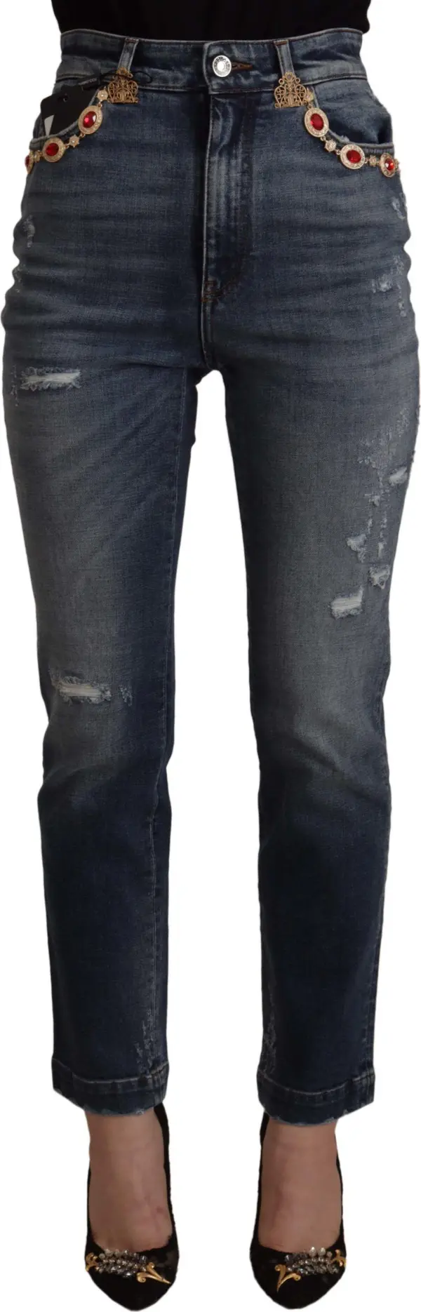 Blue Denim Crystal Embellished Pants Jeans