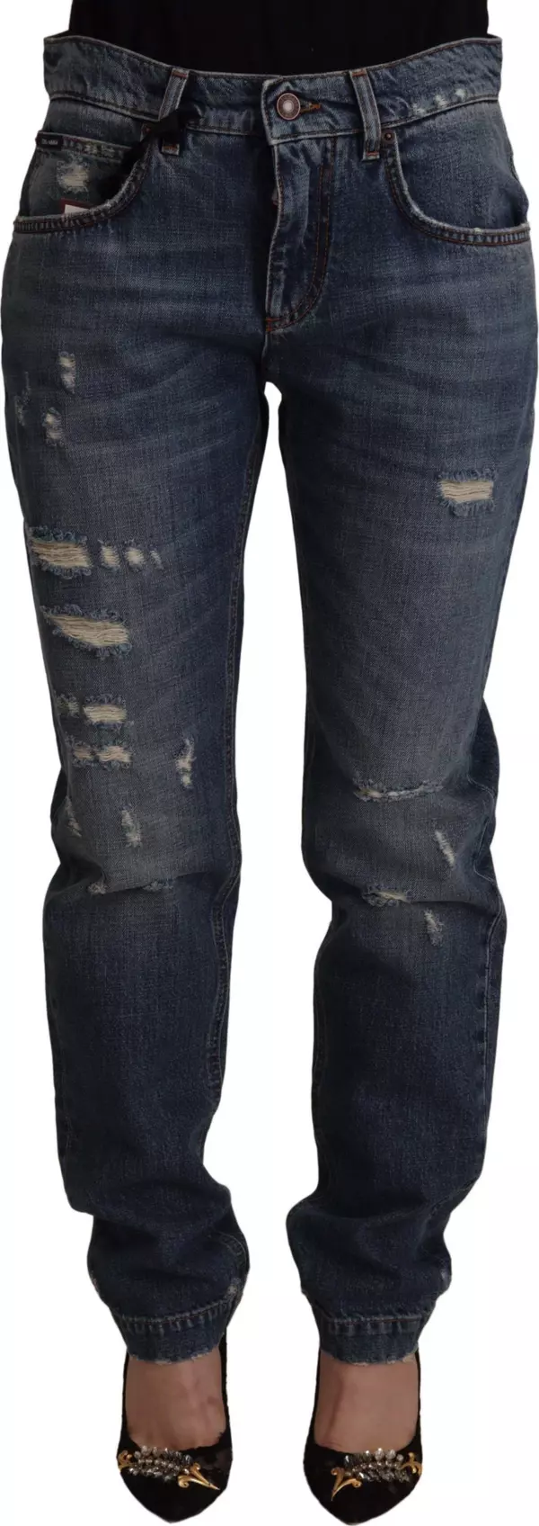 Blue Denim Baroque Heart Logo Patch Pants Jeans