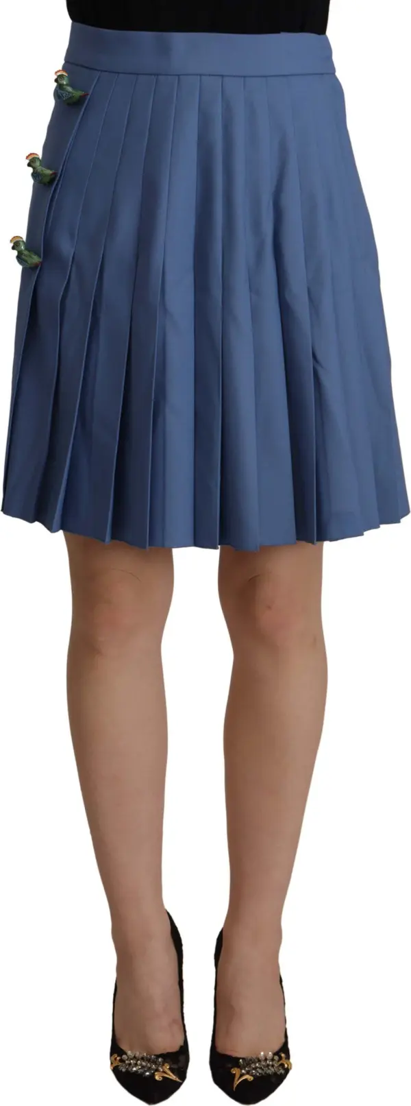 Blue Embellished Pleated Mini Skirt Wool