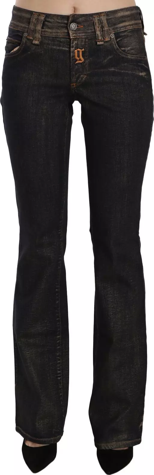 Black Washed Mid Waist Flared Denim Pants Cotton