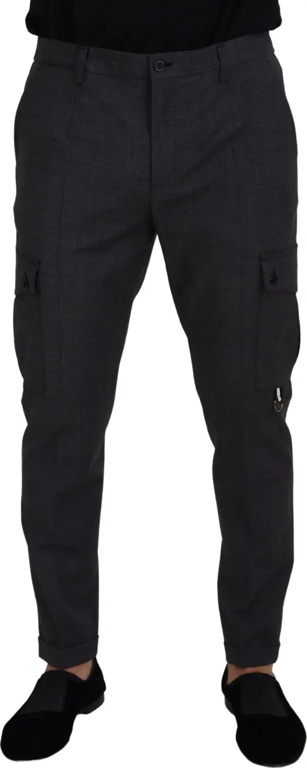 Gray Checked Cargo Trousers Stretch Pants