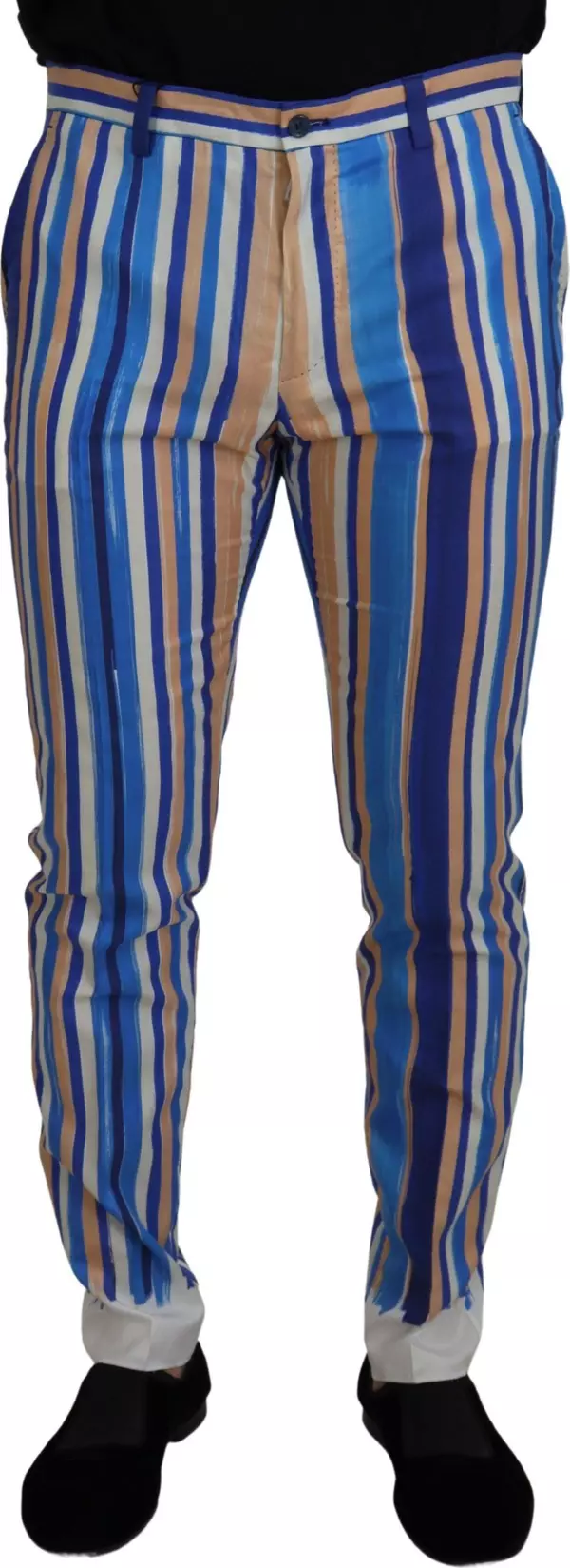 Blue Striped Silk Cotton Slim Trousers Pants