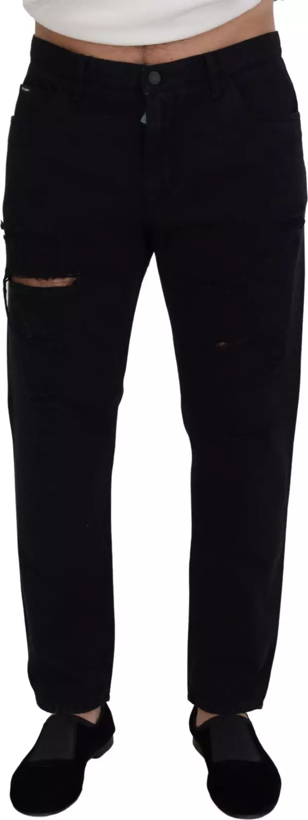 Black Loose Regular Torn Cotton Jeans