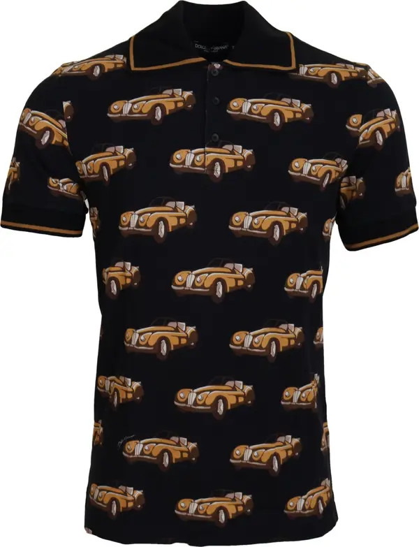 Black Car Print Short Sleeve Polo T-shirt