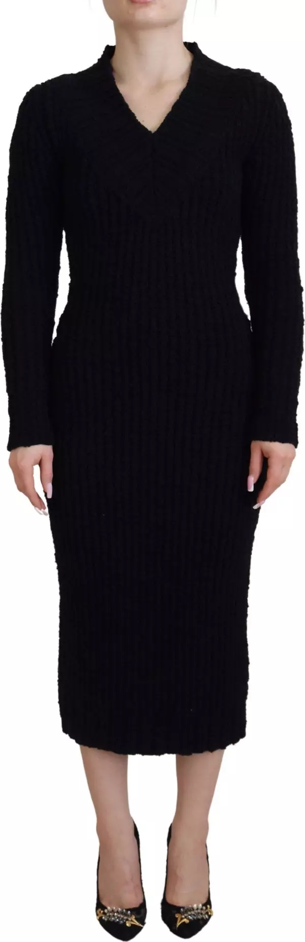 Black Wool Knitted Sheath Sweater Dress