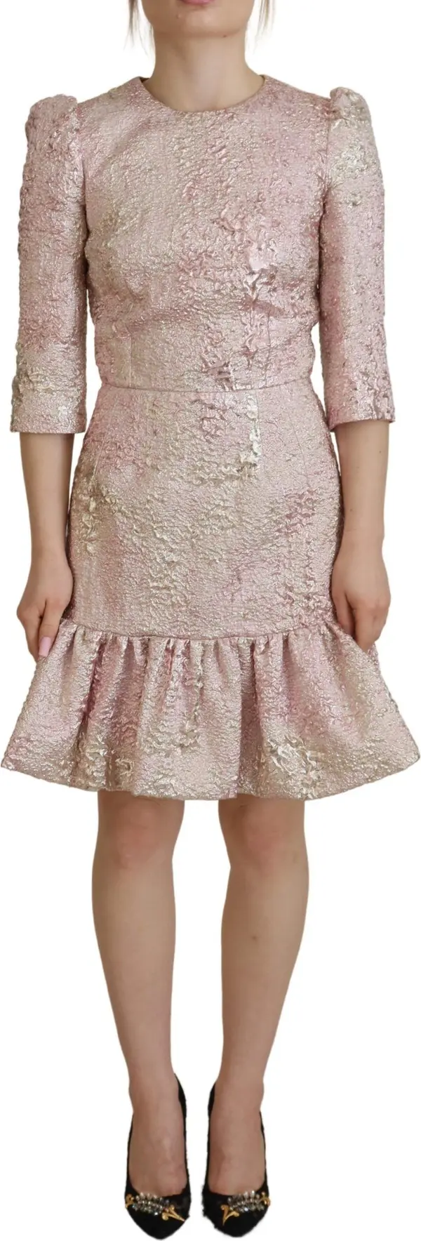 Pink Jaquard 3/4 Sleeve Sheath Midi Dress
