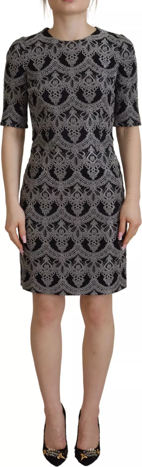 Black Gray Jacquard Sheath Bodycon Dress
