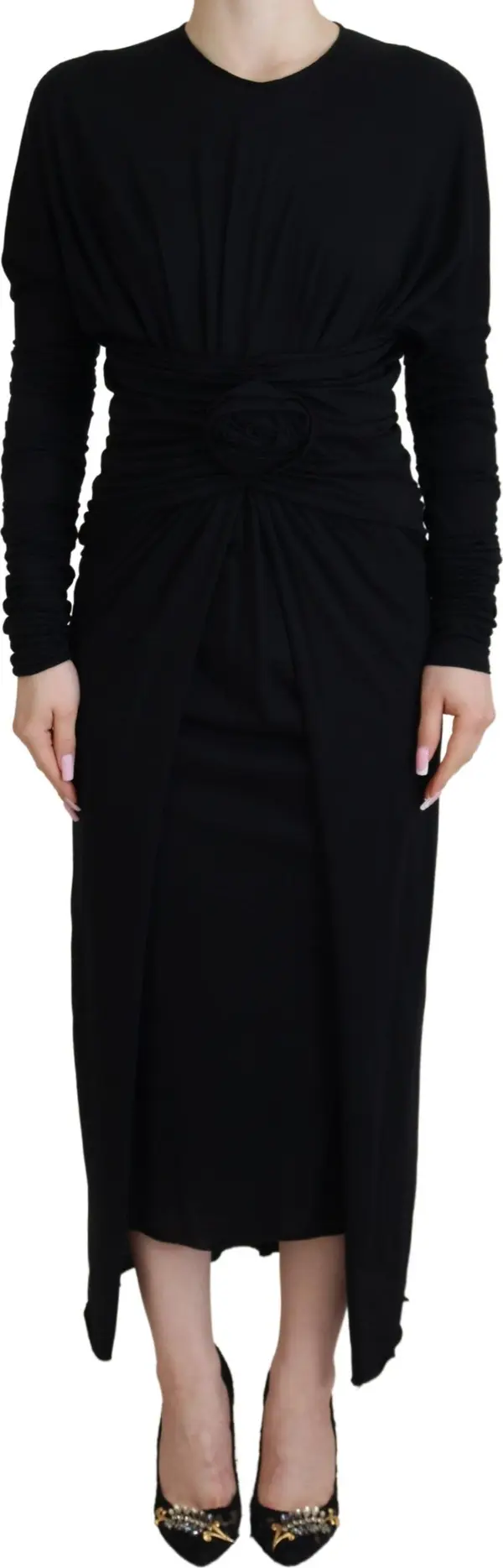 Black Sheath Midi Gown Wool Wrap Dress